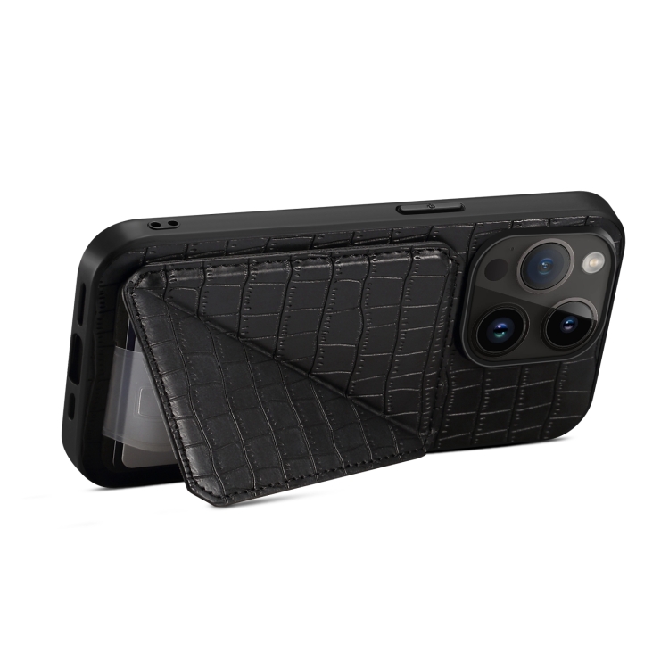 For iPhone 15 Plus Imitation Crocodile Leather Back Phone Case with Holder(Black) For iPhone 15 Plus Imitation Crocodile Leather Back Phone Case with Holder(Black)