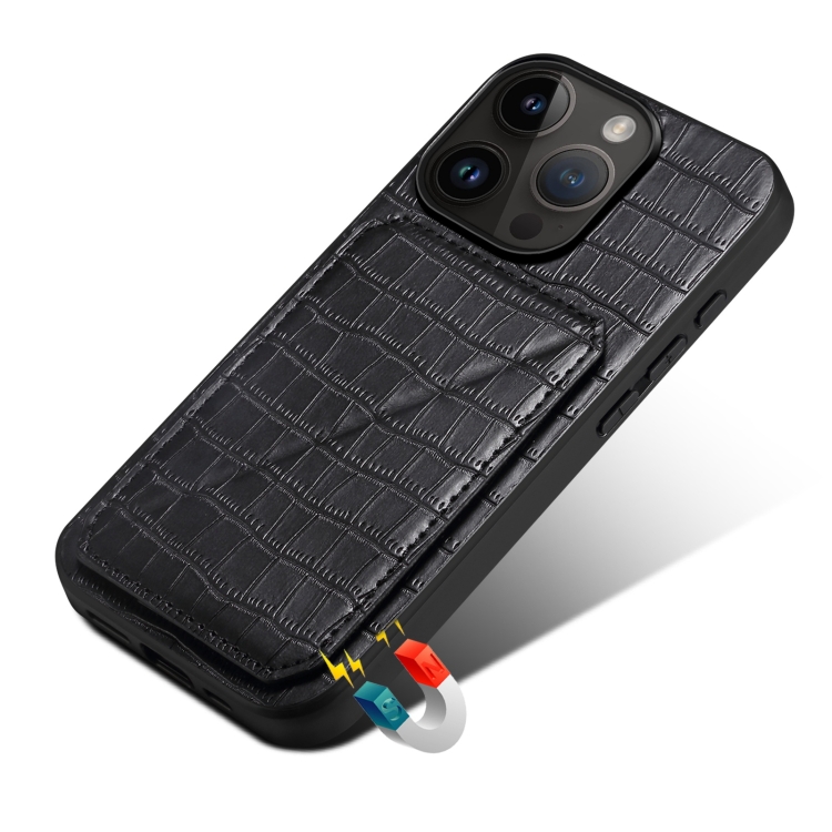 For iPhone 15 Plus Imitation Crocodile Leather Back Phone Case with Holder(Black) For iPhone 15 Plus Imitation Crocodile Leather Back Phone Case with Holder(Black)