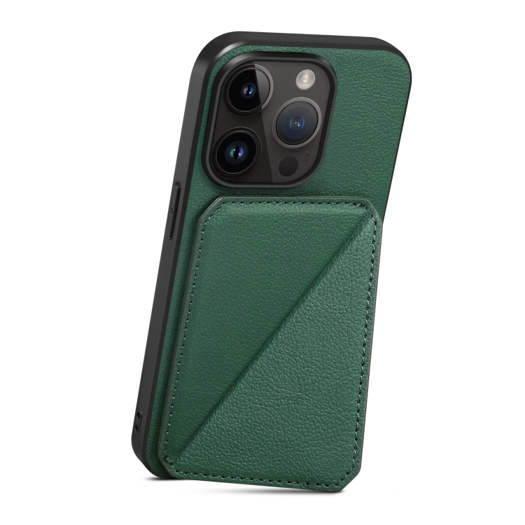 For iPhone 15 Pro Imitation Calfskin Leather Back Phone Case with Holder(Green) For iPhone 15 Pro Imitation Calfskin Leather Back Phone Case with Holder(Green)