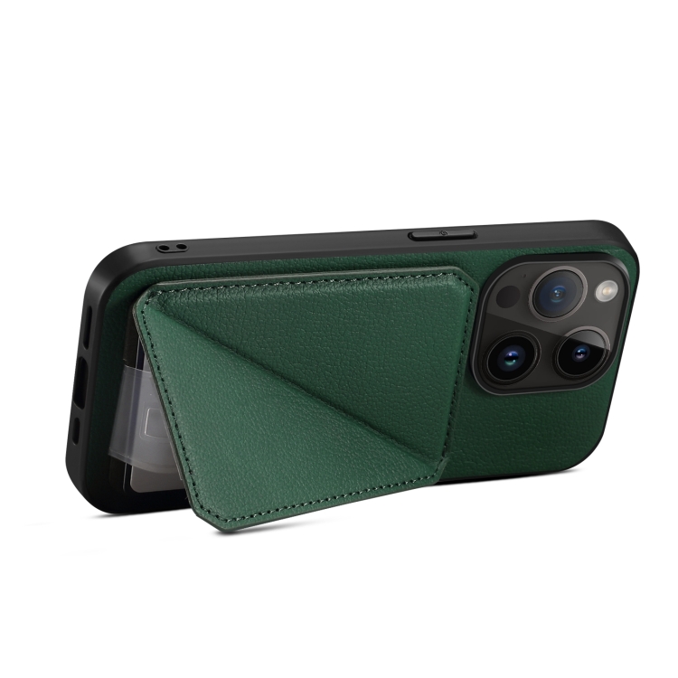 For iPhone 15 Pro Imitation Calfskin Leather Back Phone Case with Holder(Green) For iPhone 15 Pro Imitation Calfskin Leather Back Phone Case with Holder(Green)