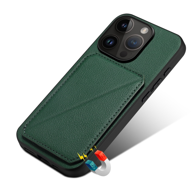 For iPhone 15 Pro Imitation Calfskin Leather Back Phone Case with Holder(Green) For iPhone 15 Pro Imitation Calfskin Leather Back Phone Case with Holder(Green)