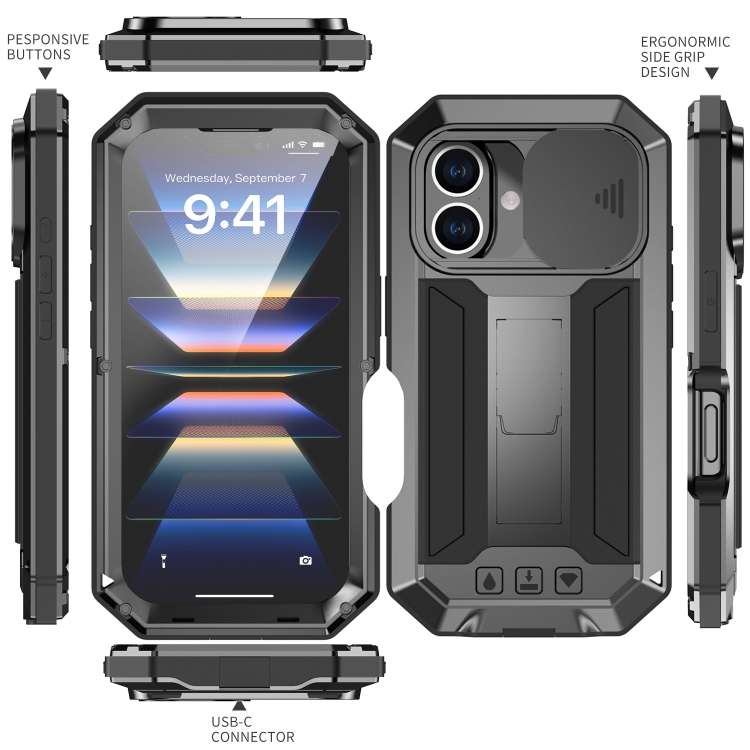 For iPhone 16 Plus R-JUST Sliding Camera IP54 Life Waterproof Holder Phone Case(Black) For iPhone 16 Plus R-JUST Sliding Camera IP54 Life Waterproof Holder Phone Case(Black)