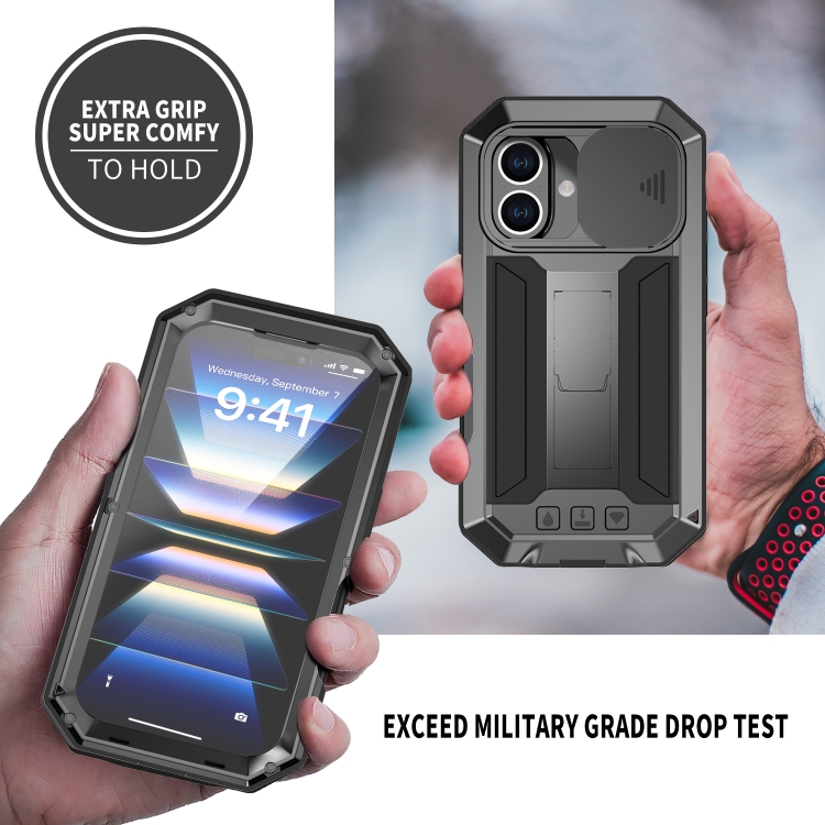 For iPhone 16 Plus R-JUST Sliding Camera IP54 Life Waterproof Holder Phone Case(Black) For iPhone 16 Plus R-JUST Sliding Camera IP54 Life Waterproof Holder Phone Case(Black)