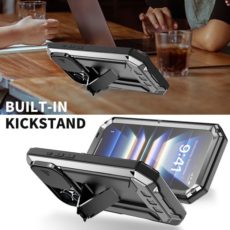 For iPhone 16 Plus R-JUST Sliding Camera IP54 Life Waterproof Holder Phone Case(Black) For iPhone 16 Plus R-JUST Sliding Camera IP54 Life Waterproof Holder Phone Case(Black)
