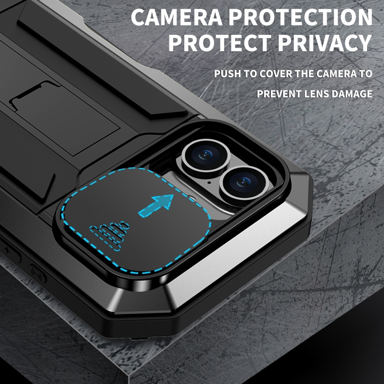 For iPhone 16 Plus R-JUST Sliding Camera IP54 Life Waterproof Holder Phone Case(Black) For iPhone 16 Plus R-JUST Sliding Camera IP54 Life Waterproof Holder Phone Case(Black)