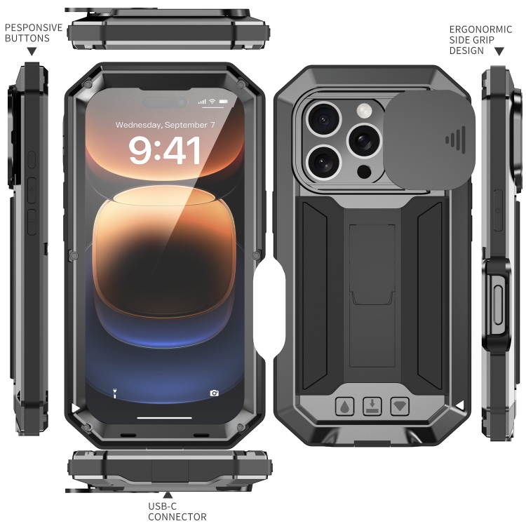 For iPhone 16 Pro Max R-JUST Sliding Camera IP54 Life Waterproof Holder Phone Case(Black) For iPhone 16 Pro Max R-JUST Sliding Camera IP54 Life Waterproof Holder Phone Case(Black)