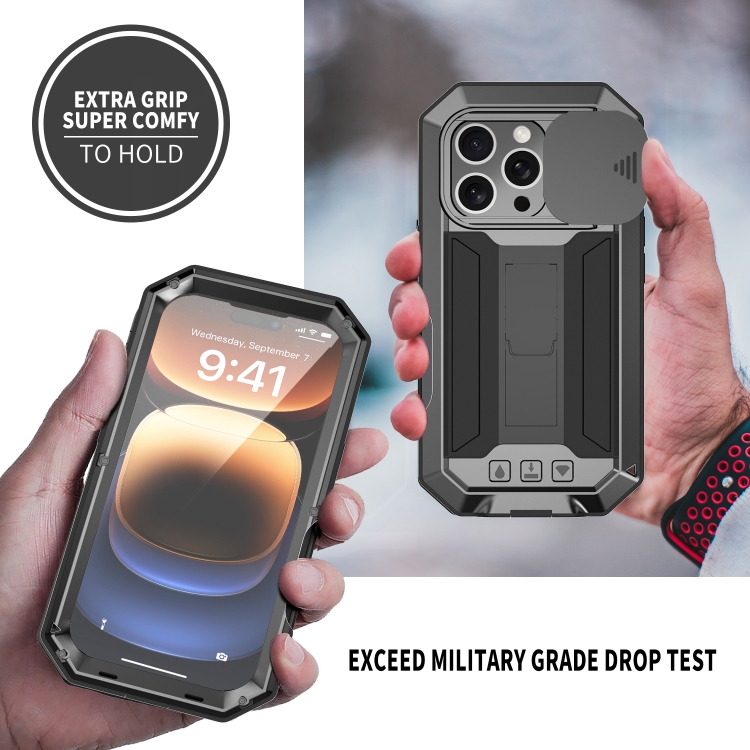 For iPhone 16 Pro Max R-JUST Sliding Camera IP54 Life Waterproof Holder Phone Case(Black) For iPhone 16 Pro Max R-JUST Sliding Camera IP54 Life Waterproof Holder Phone Case(Black)