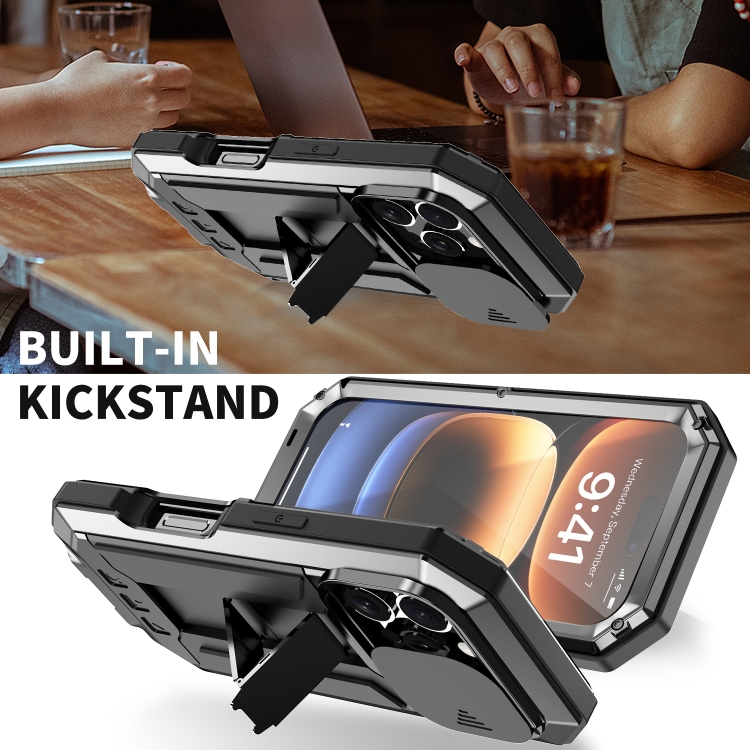 For iPhone 16 Pro Max R-JUST Sliding Camera IP54 Life Waterproof Holder Phone Case(Black) For iPhone 16 Pro Max R-JUST Sliding Camera IP54 Life Waterproof Holder Phone Case(Black)