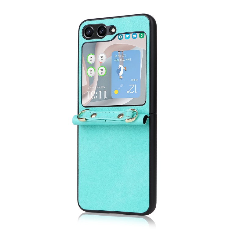 For Samsung Galaxy Z Flip5 5G Lambskin Texture Leather Phone Case with Lanyard(Mint Green)