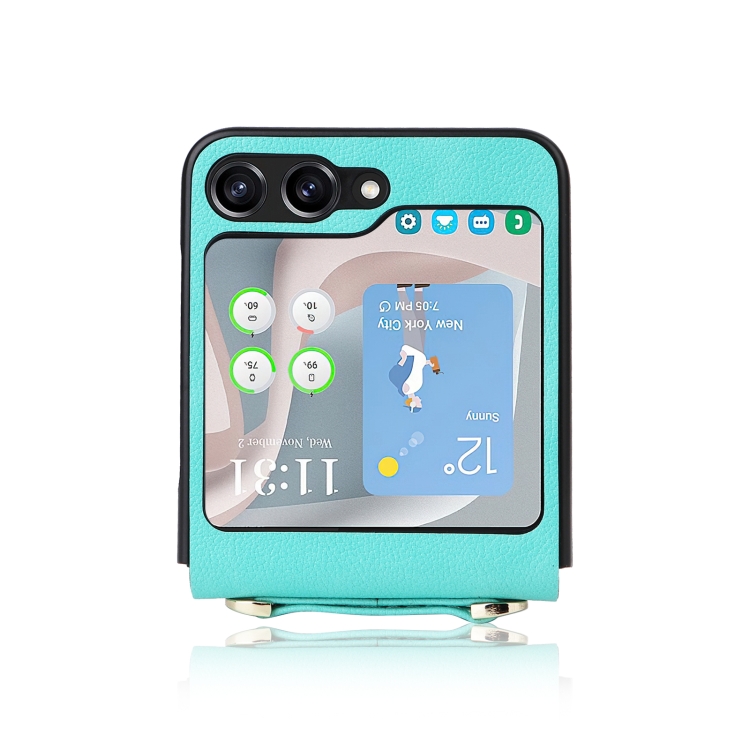 For Samsung Galaxy Z Flip5 5G Lambskin Texture Leather Phone Case with Lanyard(Mint Green)
