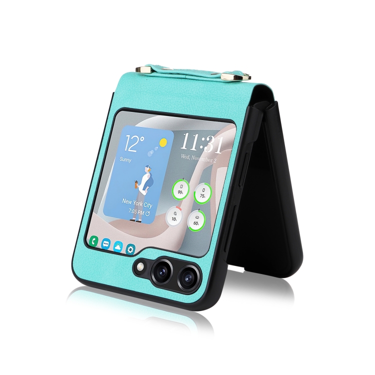 For Samsung Galaxy Z Flip5 5G Lambskin Texture Leather Phone Case with Lanyard(Mint Green)