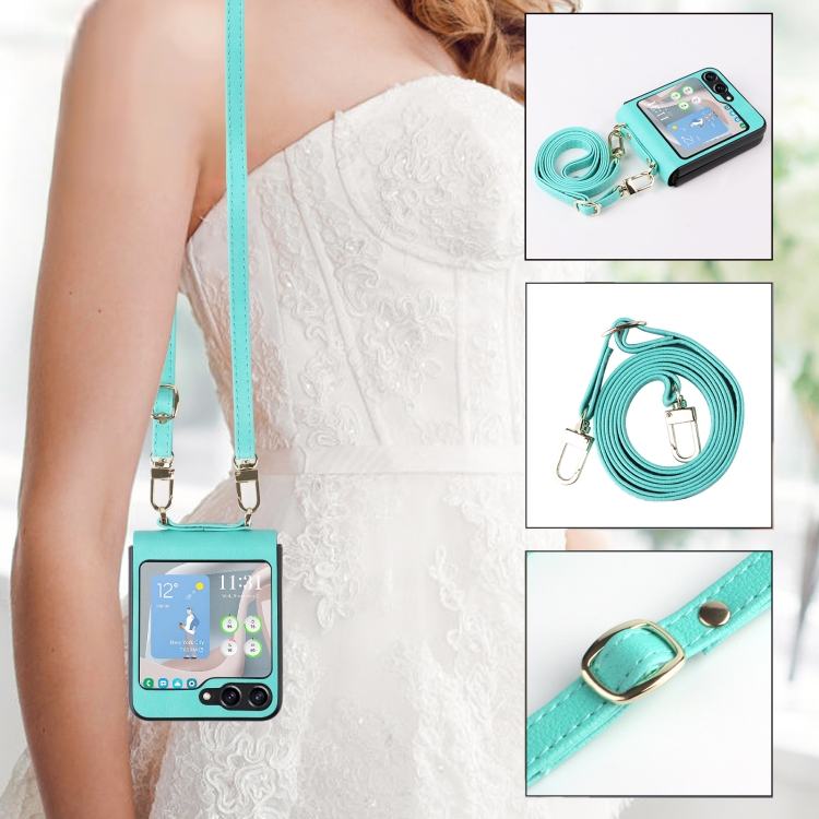 For Samsung Galaxy Z Flip5 5G Lambskin Texture Leather Phone Case with Lanyard(Mint Green)