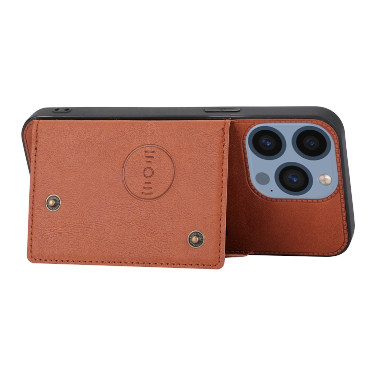 For iPhone 16 Pro Double Buckle Card Slots PU + TPU Phone Case(Brown)