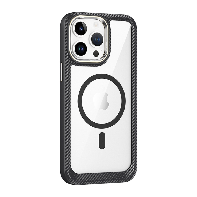 For iPhone 15 Pro MagSafe Carbon Fiber Transparent Back Panel Phone Case(Black +Transparent)