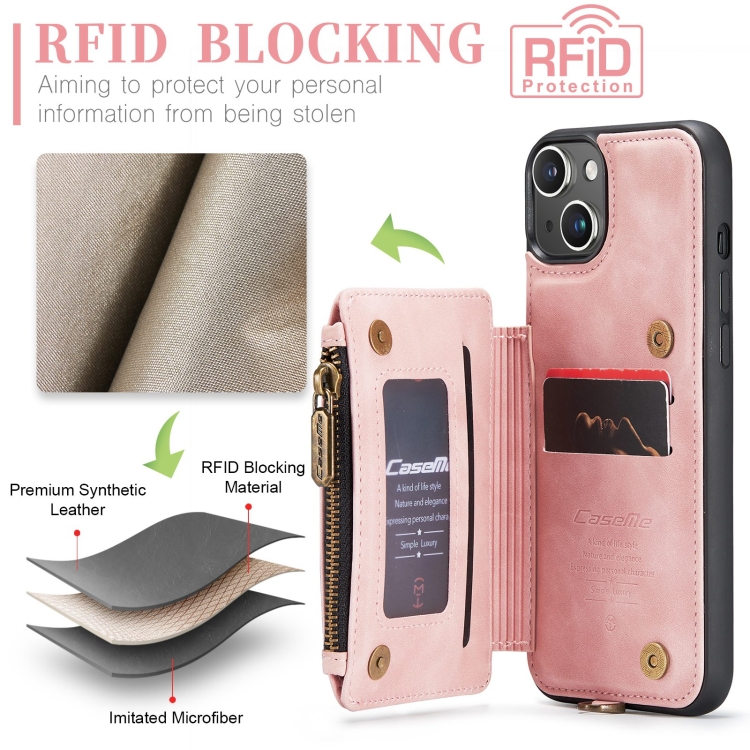 For iPhone 15 Plus CaseMe C20 Multifunctional RFID Leather Phone Case(Pink)