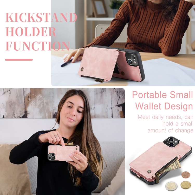 For iPhone 15 Plus CaseMe C20 Multifunctional RFID Leather Phone Case(Pink)