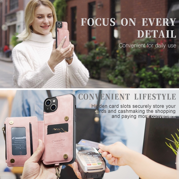 For iPhone 15 Plus CaseMe C20 Multifunctional RFID Leather Phone Case(Pink)