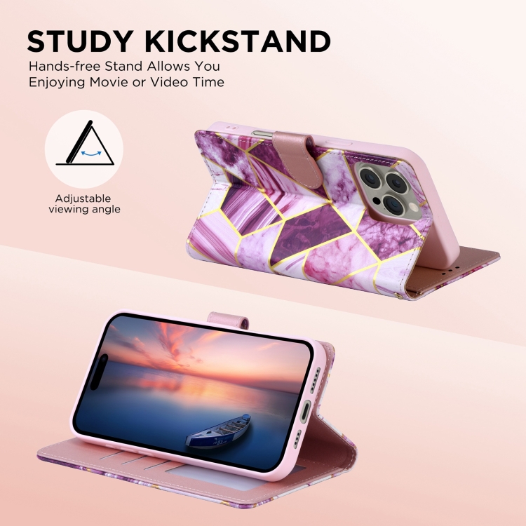 For iPhone 16 Marble Bronzing Stitching Leather Phone Case(Purple) For iPhone 16 Marble Bronzing Stitching Leather Phone Case(Purple)