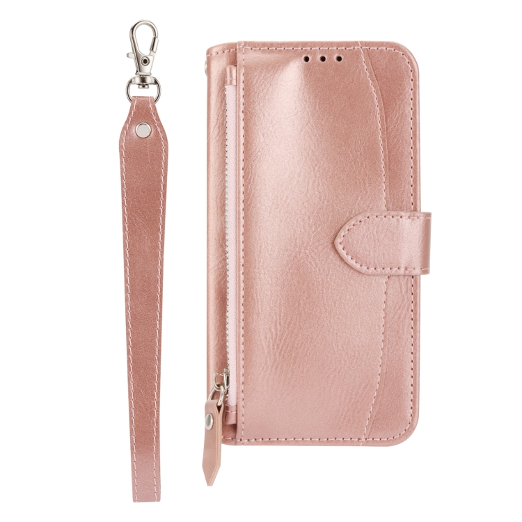 For iPhone 16 Oil Skin Zipper Wallet Leather Phone Case(Rose Gold) For iPhone 16 Oil Skin Zipper Wallet Leather Phone Case(Rose Gold)