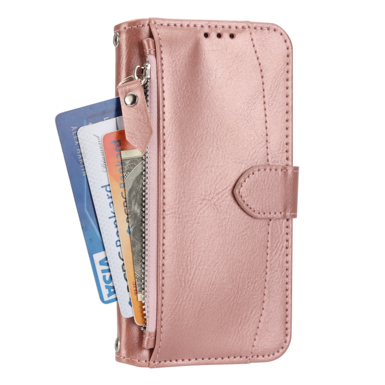 For iPhone 16 Oil Skin Zipper Wallet Leather Phone Case(Rose Gold) For iPhone 16 Oil Skin Zipper Wallet Leather Phone Case(Rose Gold)