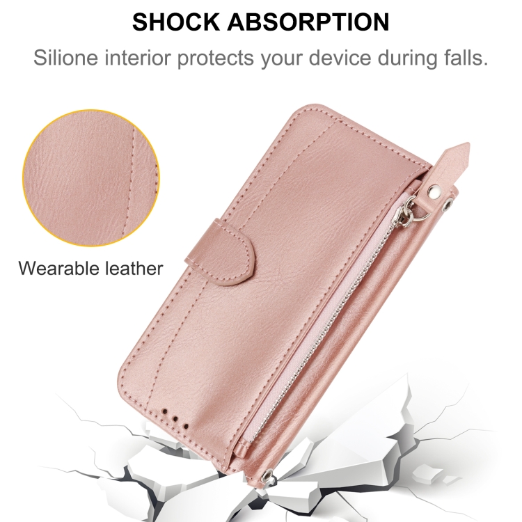For iPhone 16 Oil Skin Zipper Wallet Leather Phone Case(Rose Gold) For iPhone 16 Oil Skin Zipper Wallet Leather Phone Case(Rose Gold)