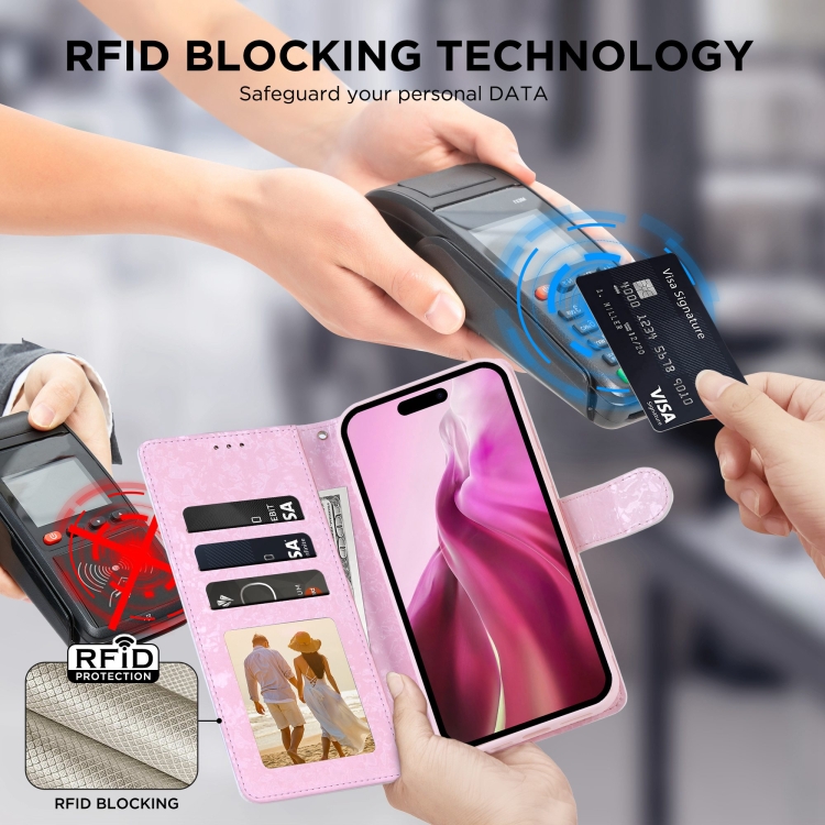 For iPhone 16 Bronzing Painting RFID Leather Case(Rose Flower) For iPhone 16 Bronzing Painting RFID Leather Case(Rose Flower)