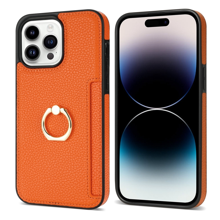 For iPhone 15 Pro Ring Card Litchi Leather Back Phone Case(Orange) For iPhone 15 Pro Ring Card Litchi Leather Back Phone Case(Orange)