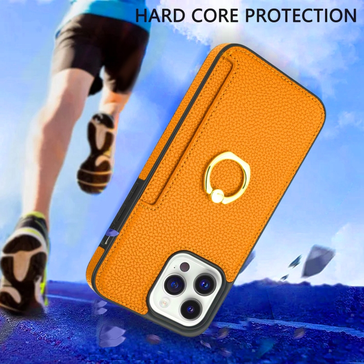 For iPhone 15 Pro Ring Card Litchi Leather Back Phone Case(Orange) For iPhone 15 Pro Ring Card Litchi Leather Back Phone Case(Orange)