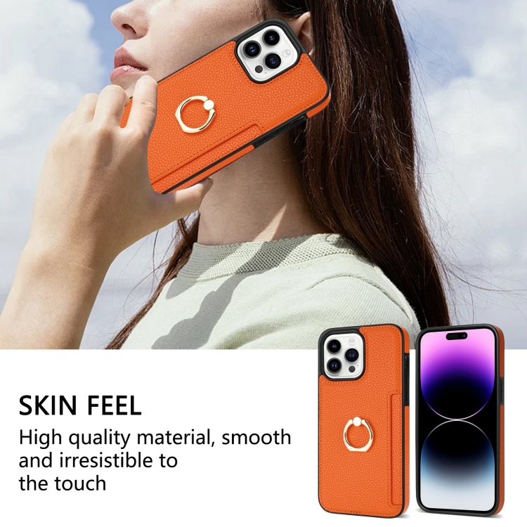 For iPhone 15 Pro Ring Card Litchi Leather Back Phone Case(Orange) For iPhone 15 Pro Ring Card Litchi Leather Back Phone Case(Orange)