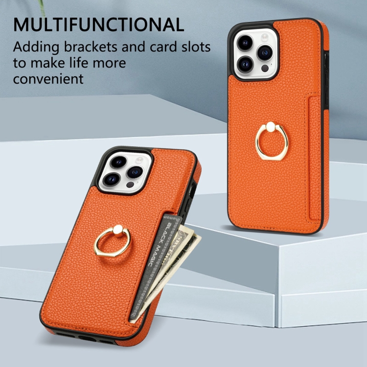 For iPhone 15 Pro Ring Card Litchi Leather Back Phone Case(Orange) For iPhone 15 Pro Ring Card Litchi Leather Back Phone Case(Orange)