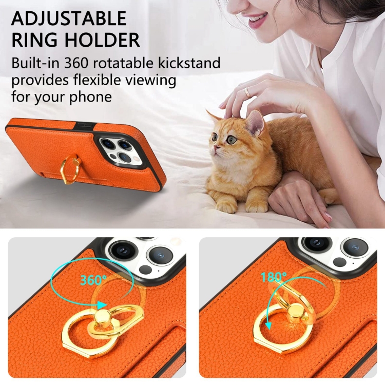 For iPhone 15 Pro Ring Card Litchi Leather Back Phone Case(Orange) For iPhone 15 Pro Ring Card Litchi Leather Back Phone Case(Orange)