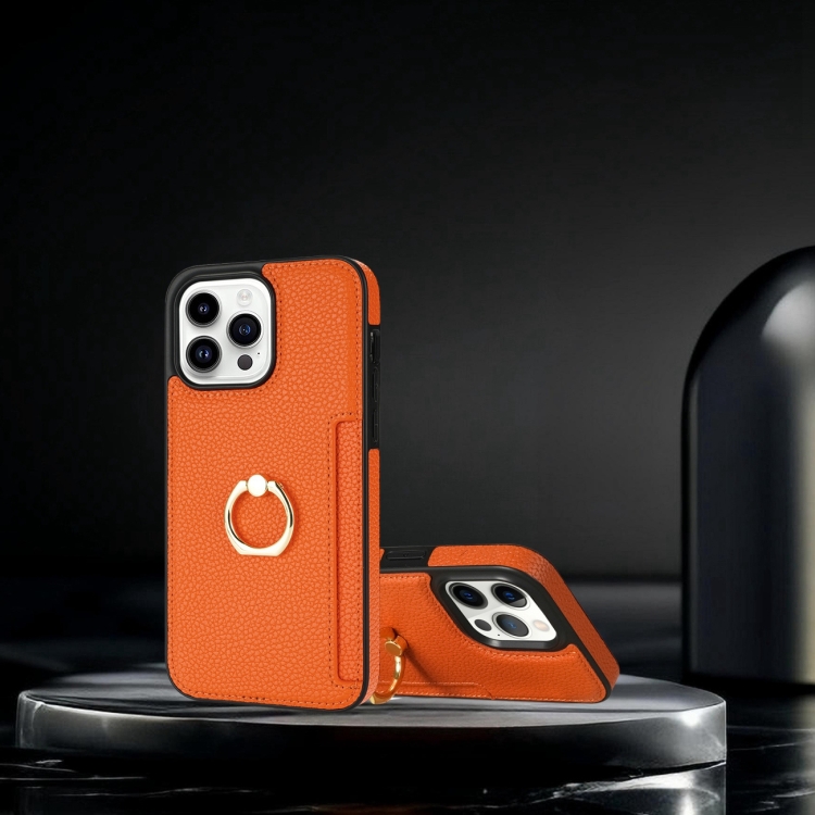 For iPhone 15 Pro Ring Card Litchi Leather Back Phone Case(Orange) For iPhone 15 Pro Ring Card Litchi Leather Back Phone Case(Orange)