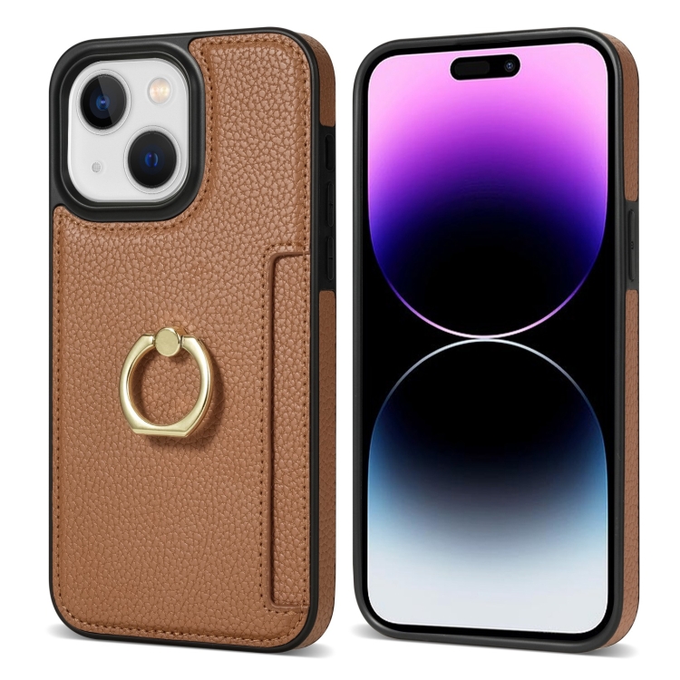 For iPhone 14 Plus Ring Card  Litchi Leather Back Phone Case(Brown)