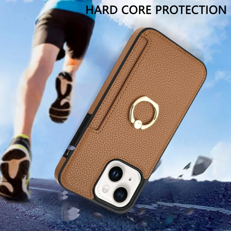 For iPhone 14 Plus Ring Card  Litchi Leather Back Phone Case(Brown)