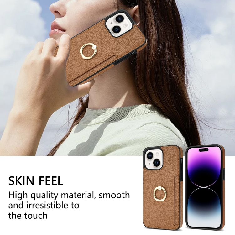 For iPhone 14 Plus Ring Card  Litchi Leather Back Phone Case(Brown)