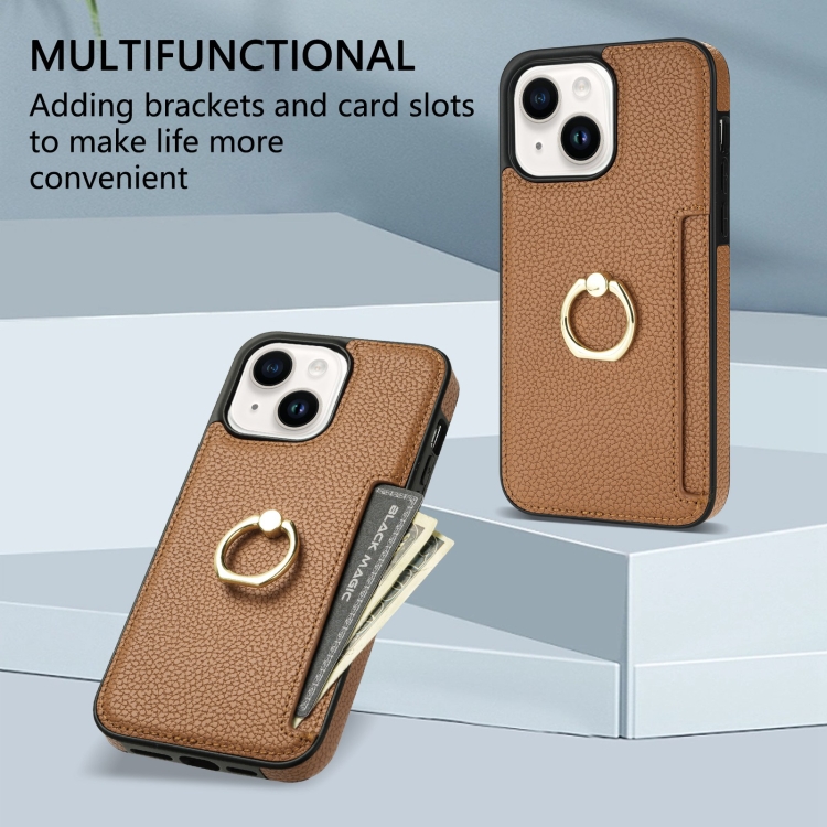 For iPhone 14 Plus Ring Card  Litchi Leather Back Phone Case(Brown)