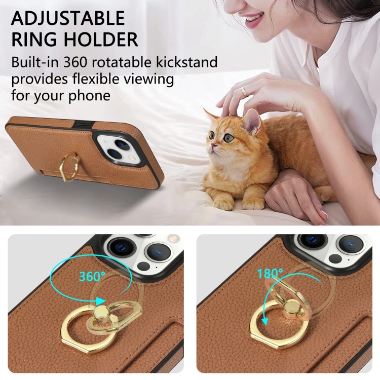 For iPhone 14 Plus Ring Card  Litchi Leather Back Phone Case(Brown)