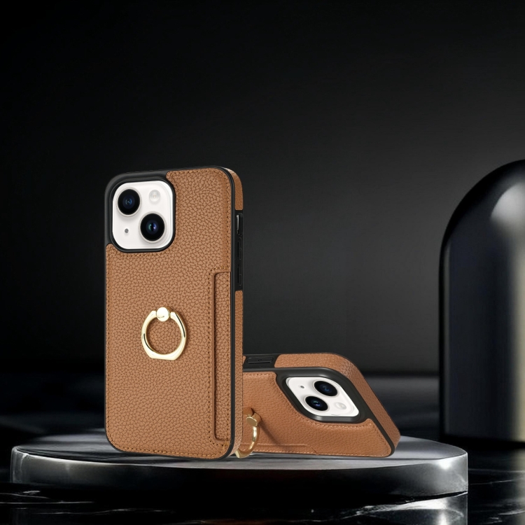 For iPhone 14 Plus Ring Card  Litchi Leather Back Phone Case(Brown)