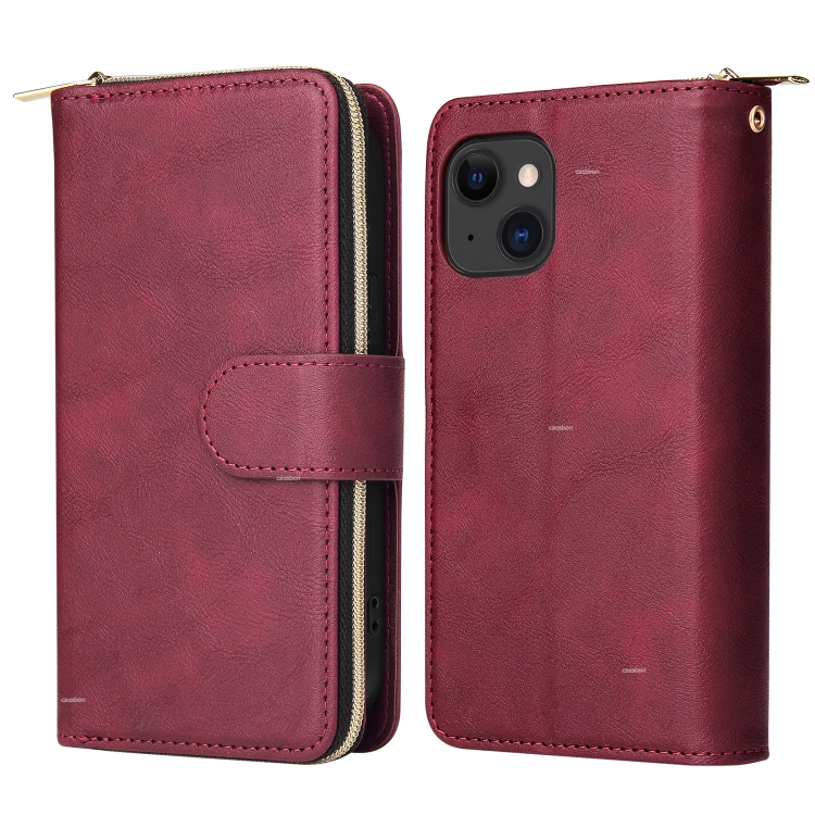 For iPhone 15 9 Card Slots Zipper Wallet Bag Leather Phone Case(Wine Red) For iPhone 15 9 Card Slots Zipper Wallet Bag Leather Phone Case(Wine Red)