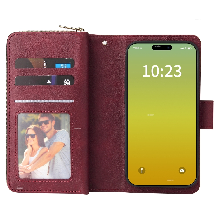 For iPhone 15 9 Card Slots Zipper Wallet Bag Leather Phone Case(Wine Red) For iPhone 15 9 Card Slots Zipper Wallet Bag Leather Phone Case(Wine Red)