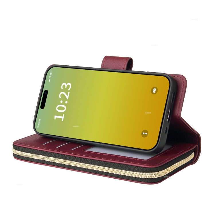 For iPhone 15 9 Card Slots Zipper Wallet Bag Leather Phone Case(Wine Red) For iPhone 15 9 Card Slots Zipper Wallet Bag Leather Phone Case(Wine Red)