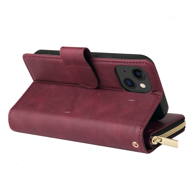 For iPhone 15 9 Card Slots Zipper Wallet Bag Leather Phone Case(Wine Red) For iPhone 15 9 Card Slots Zipper Wallet Bag Leather Phone Case(Wine Red)