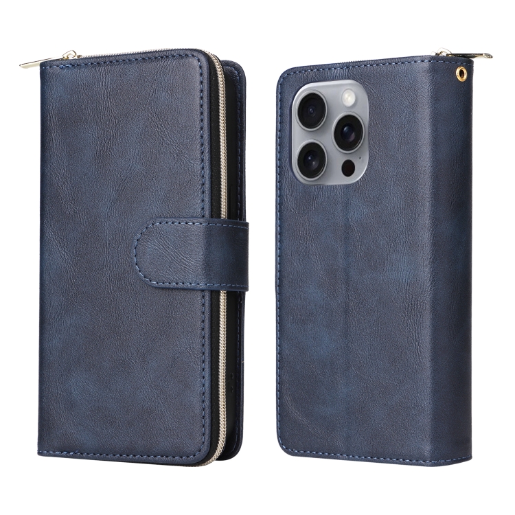 For iPhone 16 Pro Max 9 Card Slots Zipper Wallet Bag Leather Phone Case(Blue) For iPhone 16 Pro Max 9 Card Slots Zipper Wallet Bag Leather Phone Case(Blue)