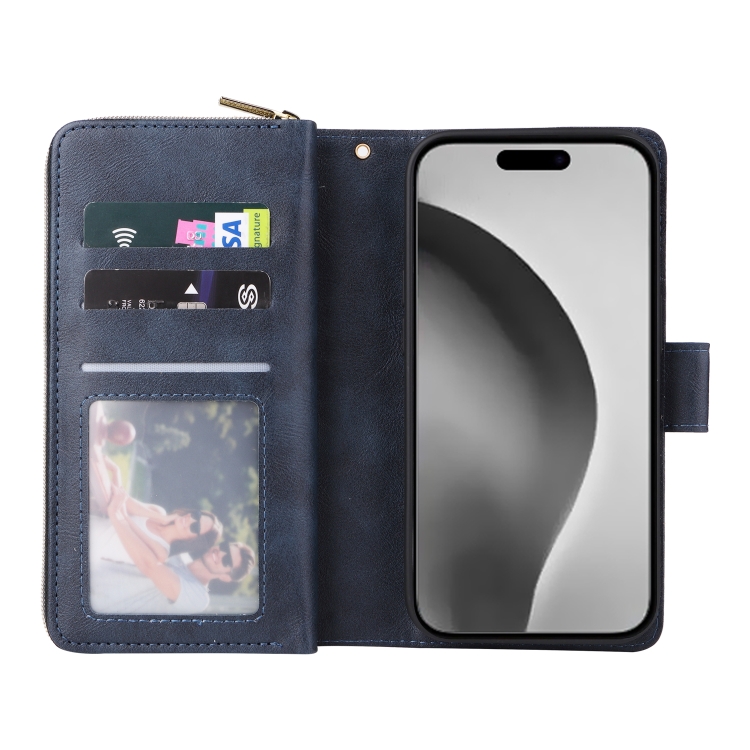 For iPhone 16 Pro Max 9 Card Slots Zipper Wallet Bag Leather Phone Case(Blue) For iPhone 16 Pro Max 9 Card Slots Zipper Wallet Bag Leather Phone Case(Blue)