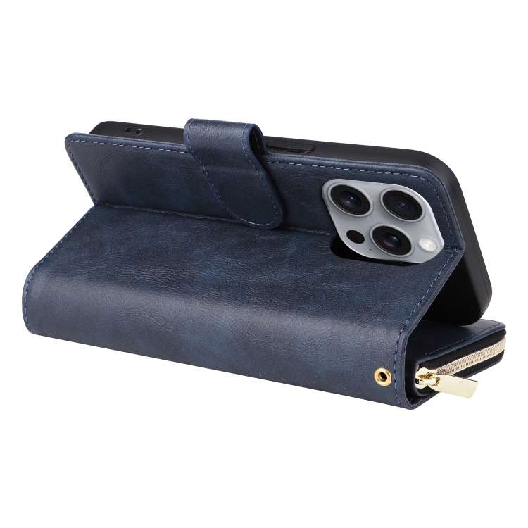 For iPhone 16 Pro Max 9 Card Slots Zipper Wallet Bag Leather Phone Case(Blue) For iPhone 16 Pro Max 9 Card Slots Zipper Wallet Bag Leather Phone Case(Blue)