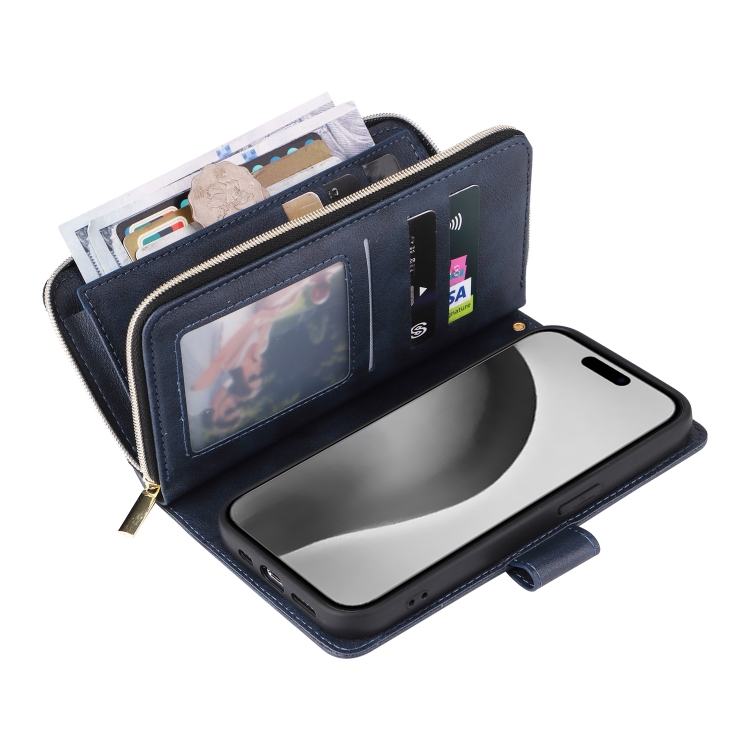 For iPhone 16 Pro Max 9 Card Slots Zipper Wallet Bag Leather Phone Case(Blue) For iPhone 16 Pro Max 9 Card Slots Zipper Wallet Bag Leather Phone Case(Blue)