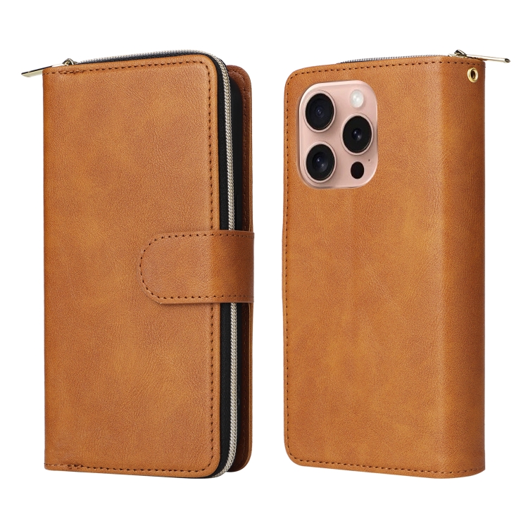 For iPhone 16 Pro 9 Card Slots Zipper Wallet Bag Leather Phone Case(Brown) For iPhone 16 Pro 9 Card Slots Zipper Wallet Bag Leather Phone Case(Brown)