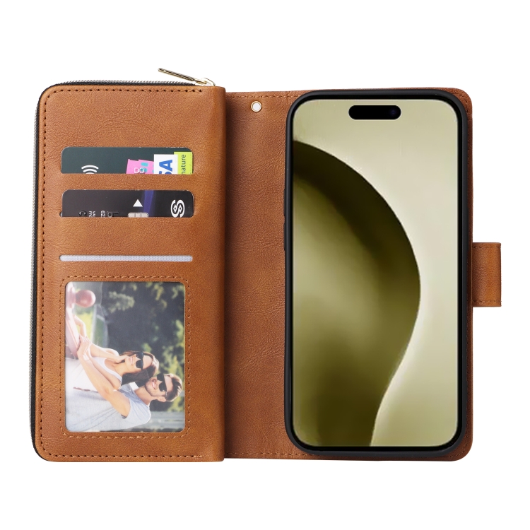 For iPhone 16 Pro 9 Card Slots Zipper Wallet Bag Leather Phone Case(Brown) For iPhone 16 Pro 9 Card Slots Zipper Wallet Bag Leather Phone Case(Brown)