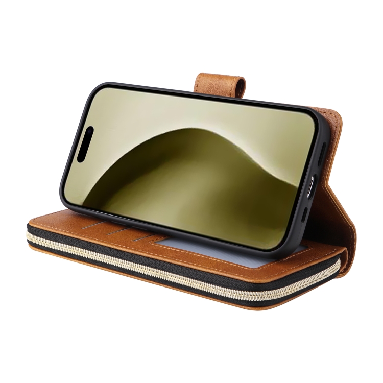 For iPhone 16 Pro 9 Card Slots Zipper Wallet Bag Leather Phone Case(Brown) For iPhone 16 Pro 9 Card Slots Zipper Wallet Bag Leather Phone Case(Brown)