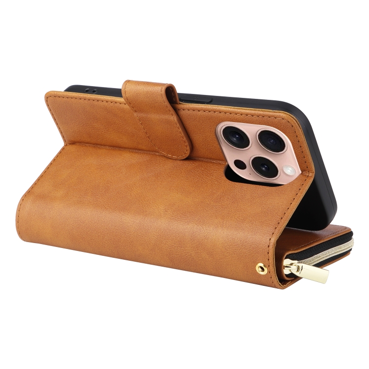For iPhone 16 Pro 9 Card Slots Zipper Wallet Bag Leather Phone Case(Brown) For iPhone 16 Pro 9 Card Slots Zipper Wallet Bag Leather Phone Case(Brown)